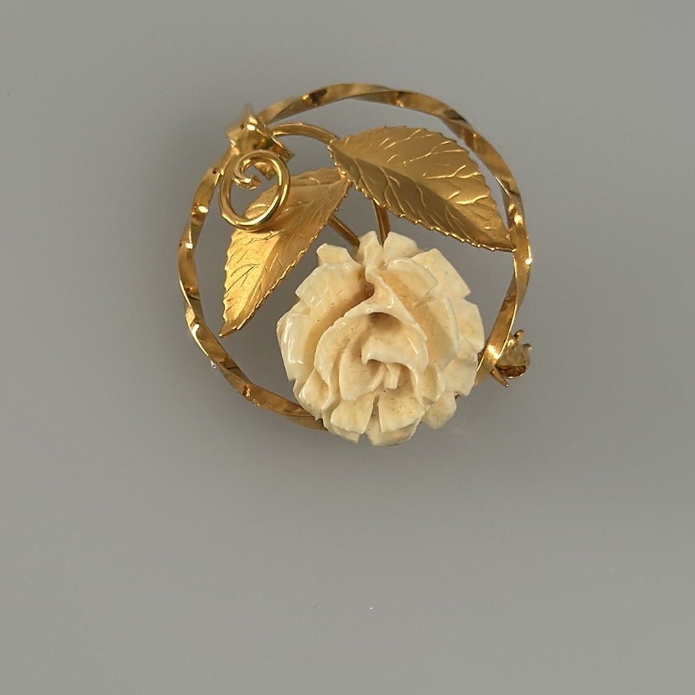 Karen Lynne 12k gold filled Genuine ivory Hand Carved flower brooch - Picture 5 of 8